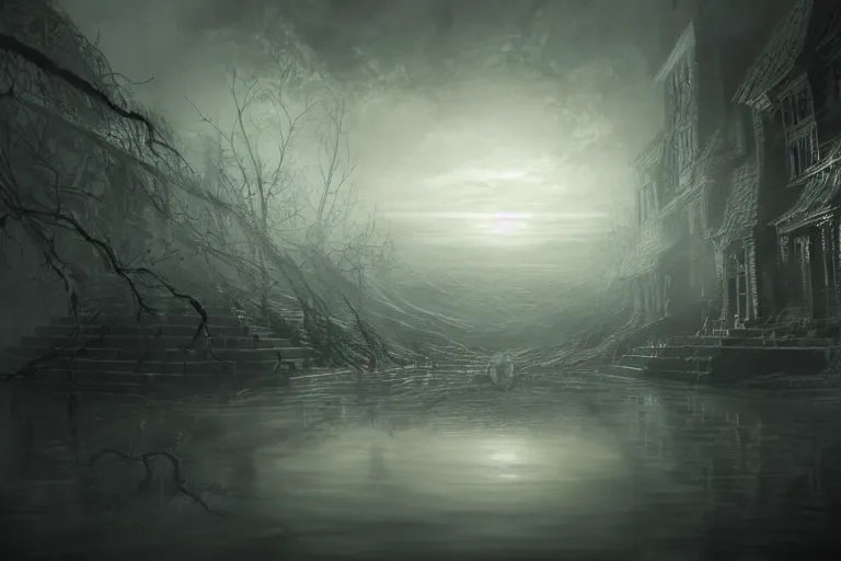 Image similar to ultra realist soft painting of the world of Lovecraft, very intricate details, ultra dense fog, golden ratio, volumetric black and white lighting, reflections, refractions, symmetry accurate anatomy features, unreal render