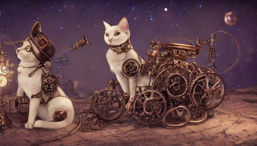 Image similar to steampunk cat and steampunk dog looking at the stars at night, stardusts, back view, hyperdetailed, artstation, cgsociety, 8 k