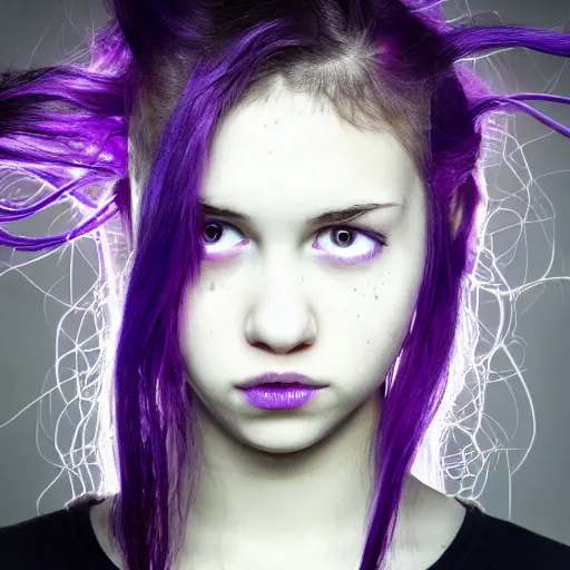 Image similar to detailed photo portrait of a furious teen girl with thin, hair-like purple tentacles on her head and bright purple eyes, 8k, trending on DeviantArt, face enhance,hyper detailed ,full of colour, dramatic lightning