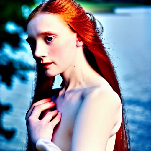 Prompt: photographic portrait of a stunningly beautiful english renaissance female in soft dreamy light at sunset, beside the river, soft focus, contemporary fashion shoot, hasselblad nikon, in a denis villeneuve and tim burton movie, by edward robert hughes