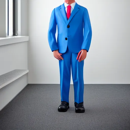 Prompt: professional portrait of an anthropomorphic cute blue clay man wearing a suit in an office, 8k, dslr, cinematic,