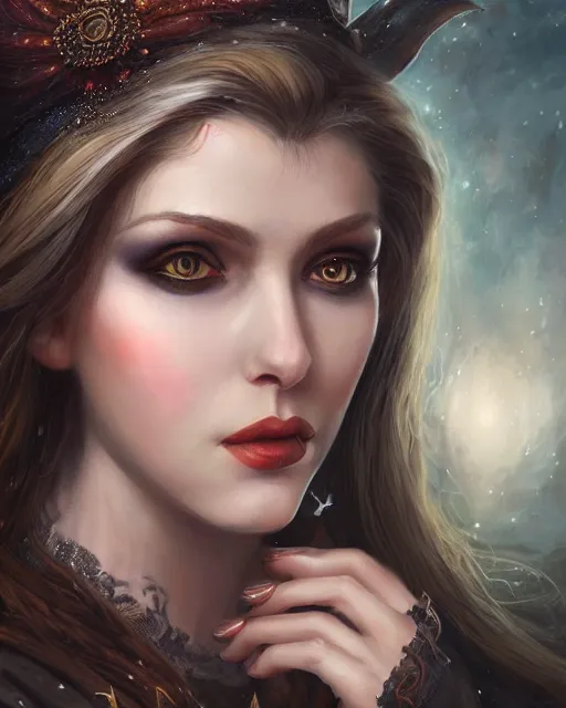 Image similar to a beautiful female witch, 8 k, hyperrealistic, hyperdetailed, fantasy portrait by laura sava