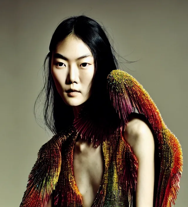 Image similar to photography american portrait of liu wen, natural background, sensual lighting, natural fragile pose, wearing stunning dress by iris van herpen, with a colorfull makeup. highly detailed, skin grain detail, photography by paolo roversi, nick knight, helmut newton, avedon, araki