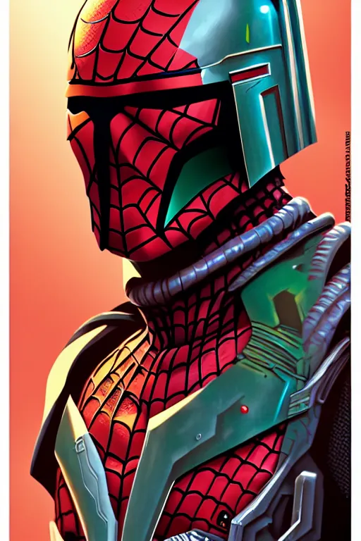 Image similar to spiderman inspired by boba fett, digital portrait art by josan gonzalez, epic lighting, intricate, d & d, fantasy, cyberpunk x renaissance