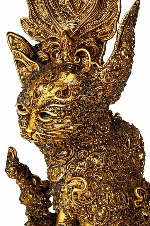 Image similar to a cinematic view of a ornated intricate cat goddess statue made by hedi xandt, realistic, macabre art, stained dried cracked skin, using gold ornaments detailed image