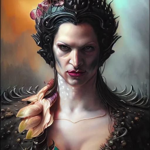 Image similar to closeup portrait shot of brian molko as slaanesh, the prince of pleasure, lord of excess, she who thirsts, desire, highly detailed, digital painting, artstation, concept art, soft focus, depth of field, artgerm, tomasz alen kopera, peter mohrbacher, donato giancola, wlop, boris vallejo