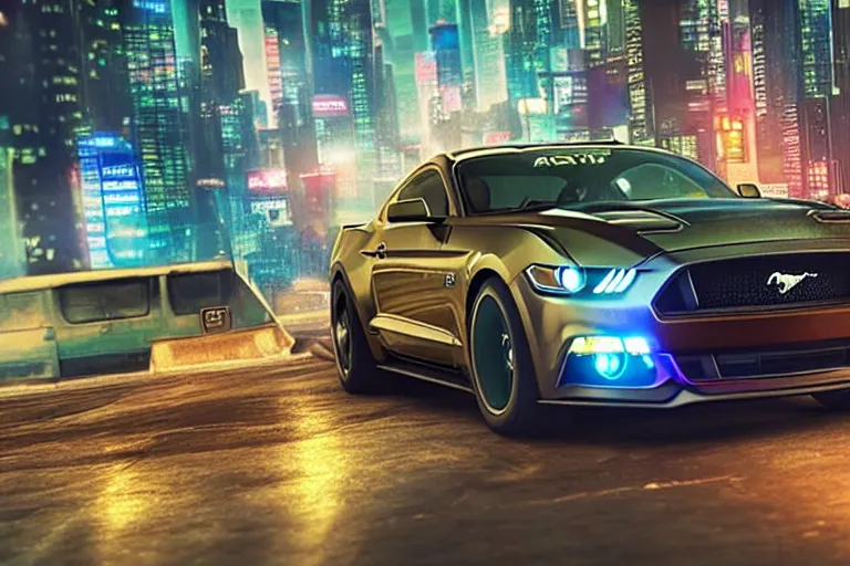 Image similar to ford mustang in cyberpunk city