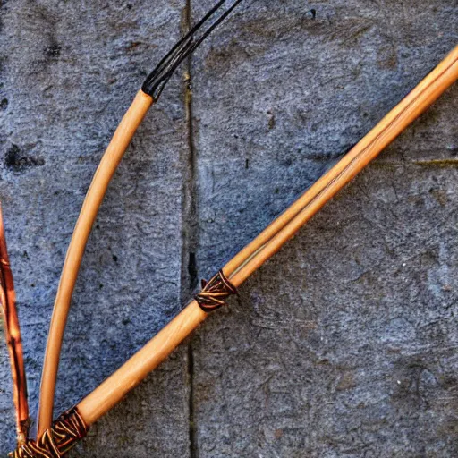 Prompt: stock photo of a strung wooden longbow, realistic