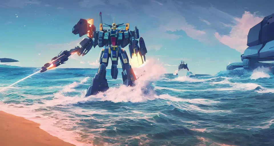 Image similar to A serene coast with a GIANT MECHA GUNDAM bright sunny waves splashing on the beach, rendered by simon stålenhag, rendered by Beeple, Makoto Shinkai, syd meade, environment concept, digital art, Gundam style, starwars, unreal engine, 3 point perspective, WLOP, trending on artstation, low level, 4K UHD image, octane render,