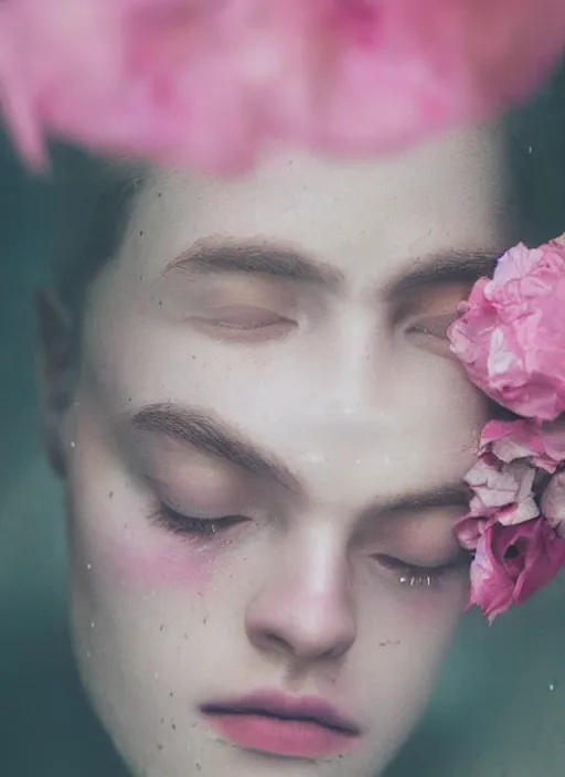 Image similar to Kodak Portra 400, 8K,ARTSTATION, Caroline Gariba, soft light, volumetric lighting, highly detailed, britt marling style 3/4 , extreme Close-up portrait photography of a Dorian Electra hiding in flowers how pre-Raphaelites with his eyes closed,inspired by Ophelia paint, his face is above water Pamukkale, raining, crying face above water in bubbles, hair are intricate with highly detailed realistic , Realistic, Refined, Highly Detailed, interstellar outdoor soft pastel lighting colors scheme, outdoor fine photography, Hyper realistic, photo realistic