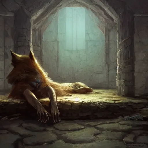 Image similar to medieum shot of a warg wolf sleeping on a mat in a corner of a adobe house, torchlit, concept art by marc simonetti and christophe vacher, trending on artstation