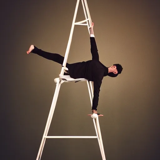 Prompt: photo of a man standing on chair tower acrobatic