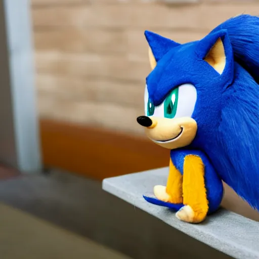 Image similar to plush doll of sonic the hedgehog sitting in vancouver during the morning, 8 k, cute, looks soft, high quality, hd resolution