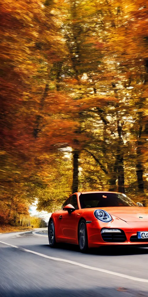 Image similar to photo of a porsche driving through autumn leaves, cinematic lighting, anti aliasing