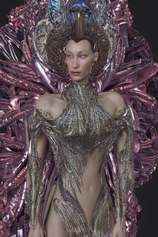 Prompt: a highly detailed metahuman 4 k close up render of an alien goddess bella hadid deity in iris van herpen dress schiaparelli in diamonds swarovski and jewelry in style of alphonse mucha gustav klimt trending on artstation made in unreal engine 4