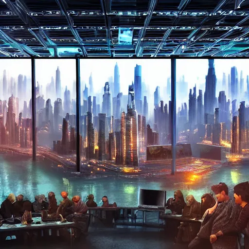 Prompt: large group people in open warehouse, looking at hologram of futuristic city on a table, cinematic concept art, godrays, golden hour, natural sunlight, 4 k, clear details, tabletop model buildings, tabletop model, hologram center, crane shot, crane shot, crane shot