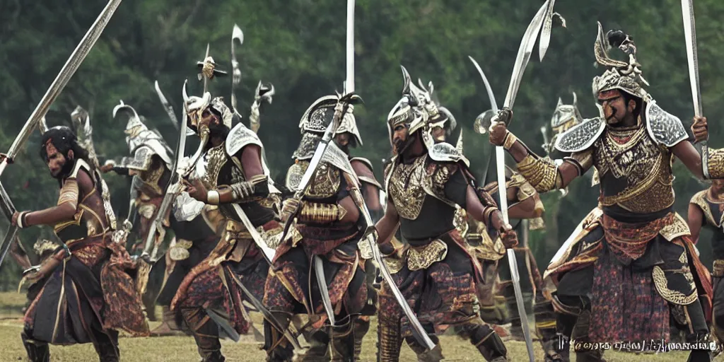 Image similar to sri lankan warriors with swords, film still, fantasy movie style