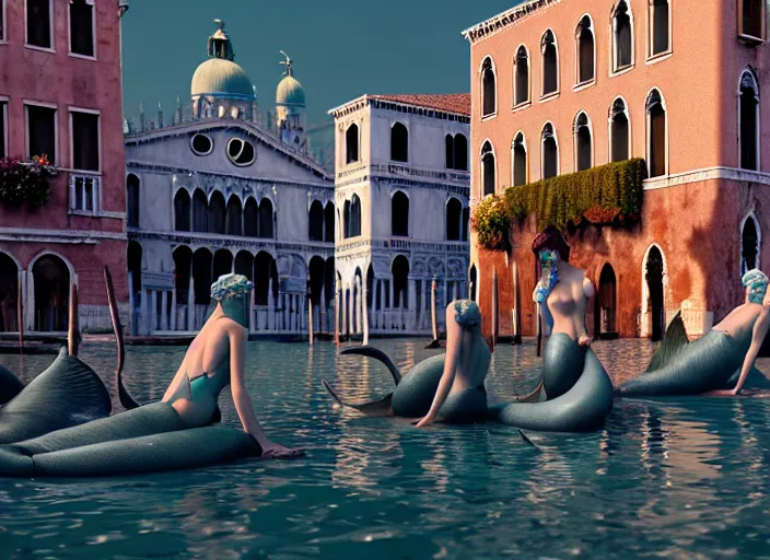 Image similar to mermaids in venice, highly detailed, 4 k, hdr, award - winning, octane render, artstation