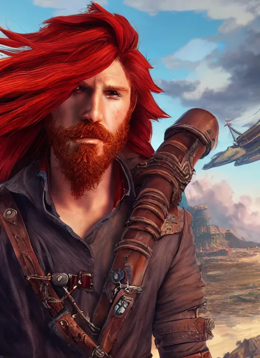 Image similar to an epic fantasy comic book style portrait painting of a long haired, red headed male sky - pirate in front of an airship, unreal 5, daz, hyperrealistic, octane render, cosplay, rpg portrait, dynamic lighting, in the style of final fantasy