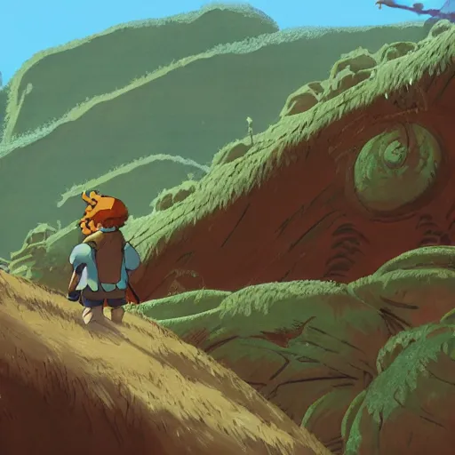 Prompt: Nausicaä exploring a valley in Ghibli Studio style