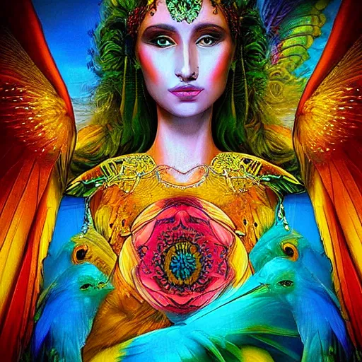 Prompt: “a stunning portrait of goddess of bird, fantasy art, beautiful colors, dramatic”