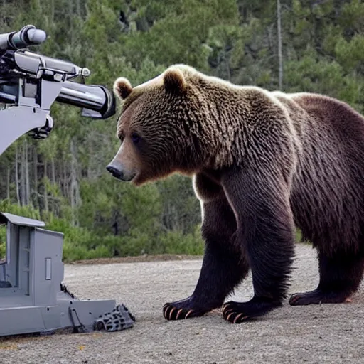 Image similar to grizzly bear holding a mounted minigun