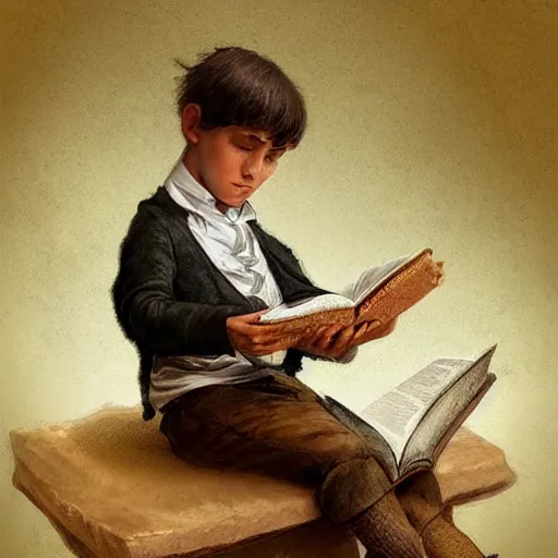 Prompt: 1830s young boy trying to read a book, highly detailed, digital painting, artstation, concept art, art by artgerm and Johfra Bosschart