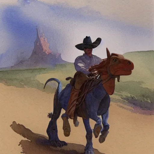 Image similar to a watercolor painting of a cowboy riding a dinosaur in the style of n. c. wyeth and in the style of james gurney.