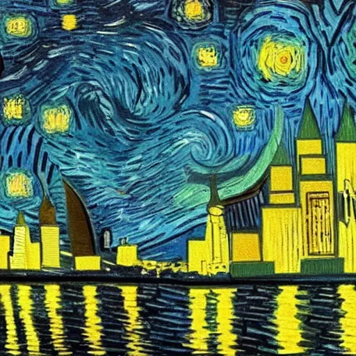 Image similar to godzilla in new york, night, landscape by Vincent Van Gogh