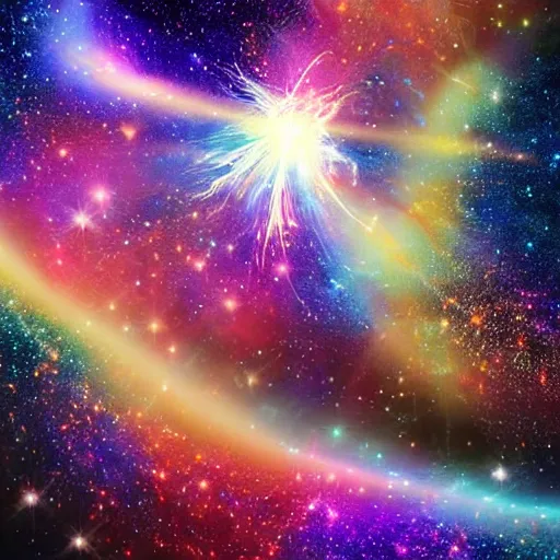 Prompt: BANG with sparkling galaxy, heavenly light, beautiful lighting, highly detailed digital art.