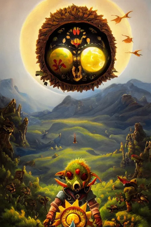 Image similar to asher brown durand oil painting on canvas hyrule skullkid in majoras mask with the moon in the sky