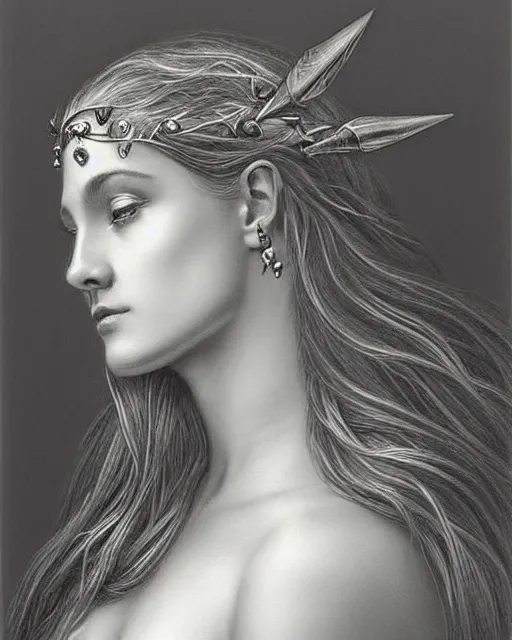 Prompt: pencil drawing of the very beautiful greek goddess aphrodite wearing a laurel wreath with arrowhead earrings, piercing eyes, beautiful flowing hair, hyper realistic face, in the style of greg rutkowski, fantasy, amazing detail, epic, elegant, smooth, sharp focus