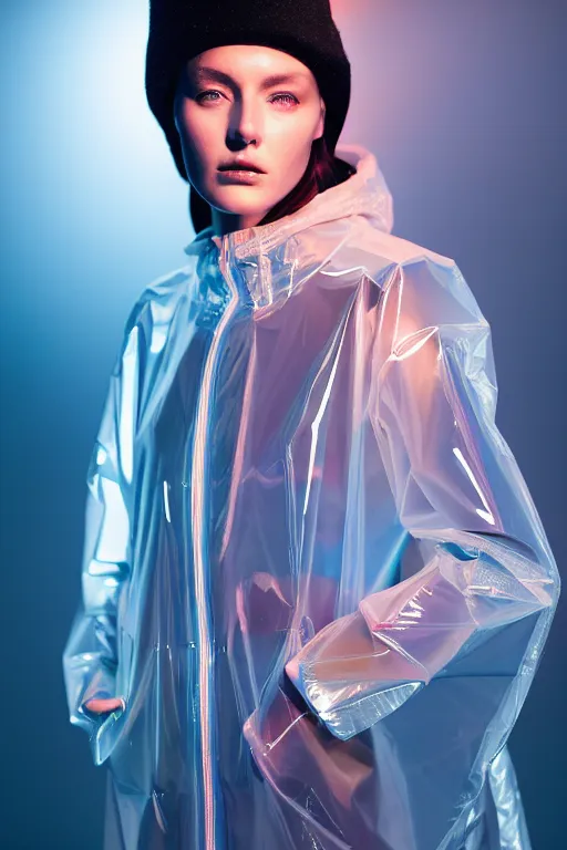 Image similar to an ultra high definition professional high fashion portrait studio full length photograph of a model wearing a transparent pearlescent raincoat and neon visor in an icelandic black rock environment at dawn. no artefacts. extremely detailed. stark. refraction. shallow depth of field. volumetric light and shadow. ray tracing. light rays.