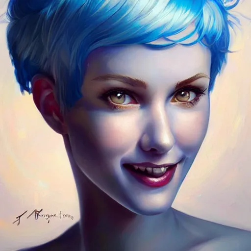 Prompt: a beautiful painting of a smiling woman with stylish short blue hair and sparkling blue eyes representative of the art style of artgerm and wlop and peter mohrbacher, portrait, mischievous grin