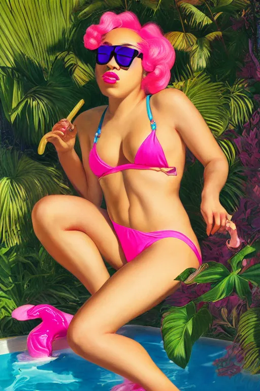 Prompt: Doja Cat mixed with Yoshi wearing sunglasses and small hotpink thong, squatting down Next to a pool, golden hour, in a garden, artstation, by J. C. Leyendecker and Peter Paul Rubens,