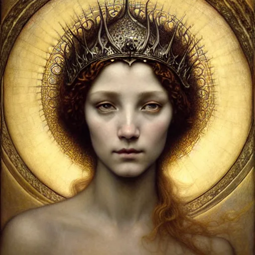 Image similar to detailed realistic beautiful young medieval queen face portrait by jean delville, tom bagshaw, brooke shaden, gustave dore and marco mazzoni, art nouveau, symbolist, visionary, gothic, pre - raphaelite, ornate gilded medieval icon, surreality, ethereal, unearthly, haunting, celestial, neo - gothic, ghostly, memento mori, nightmare