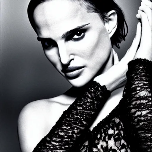 Prompt: a beautiful professional photograph by herb ritts and ellen von unwerth for vogue magazine of natalie portman looking at the camera in a flirtatious way, zeiss 5 0 mm f 1. 8 lens