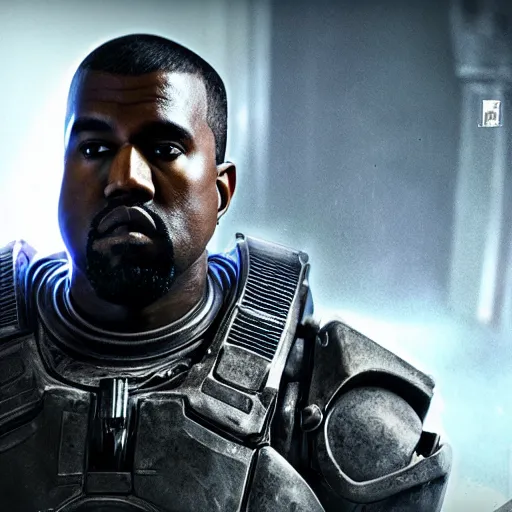 Image similar to Kanye West as the emperor of humanity from warhammer 40k in Gears of War, splash art, movie still, cinematic lighting, dramatic, octane render, long lens, shallow depth of field, bokeh, anamorphic lens flare, 8k, hyper detailed, 35mm film grain