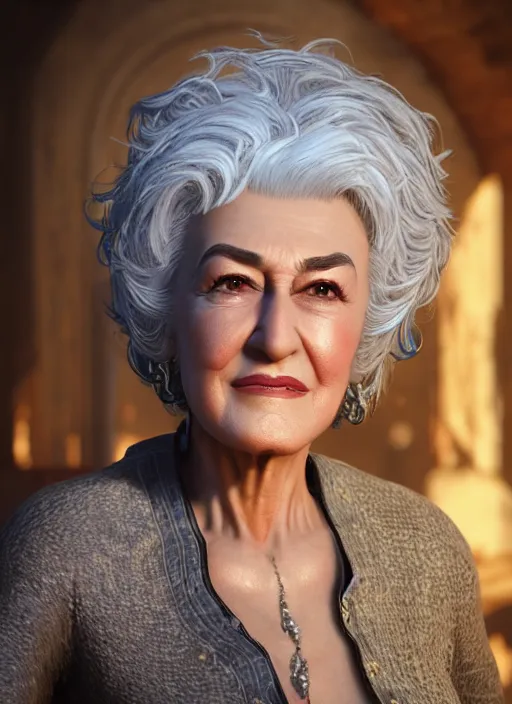 Image similar to highly detailed portrait of bea arthur, unreal engine, fantasy art by simon bisley, global illumination, radiant light, detailed and intricate environment