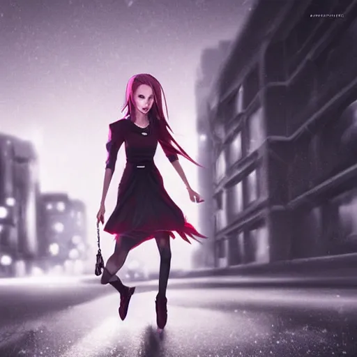 Prompt: a female vampire walking home at night, trending on cgsociety, hard lighting, professional studio