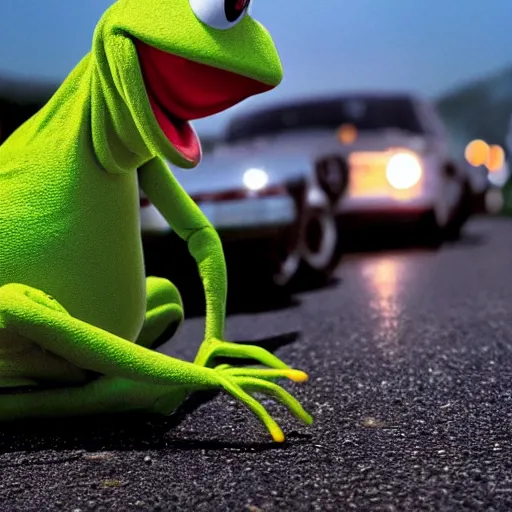 Image similar to slimy kermit the frog leaning against a motorcycle. bright sky. shiny pavement. gq magazine photograph.
