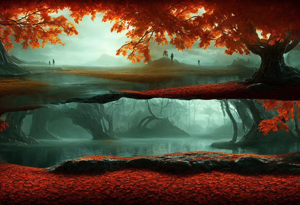 Prompt: inside of alien autumn lake landscape of human mind and imagination, matte painting, beautiful render, octane render, concept art