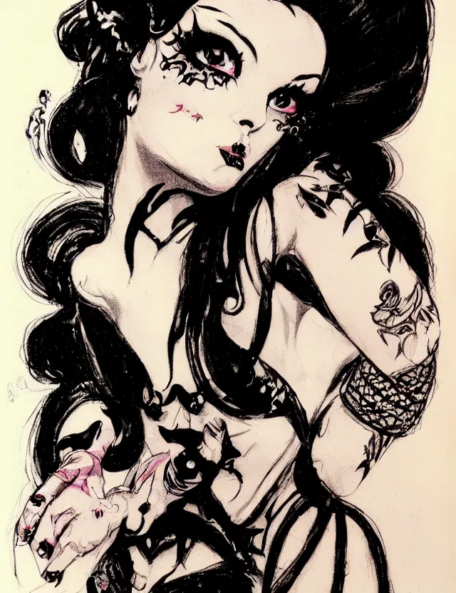 Prompt: of a goth girl burlesque psychobilly, rockabilly, punk, black hair, detailed face, white background, drawing, illustration by frank frazetta - n 9