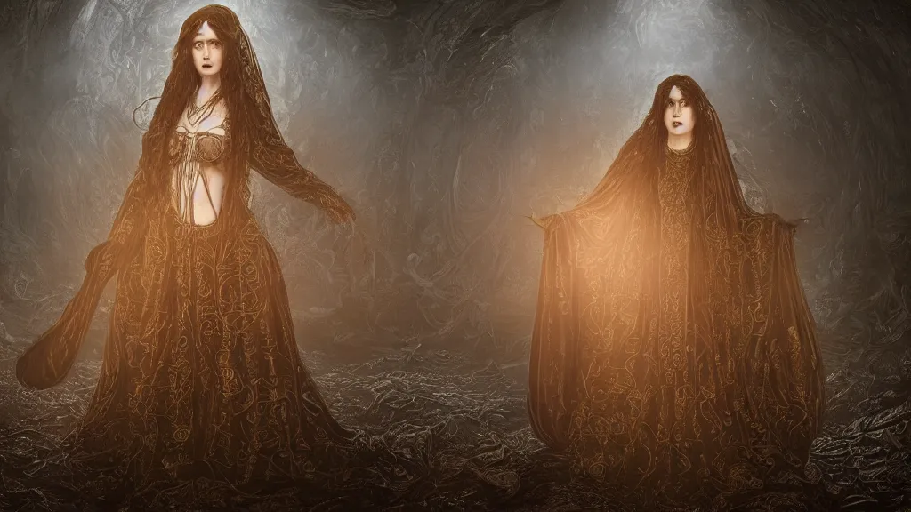 Image similar to whimsically designed pre-raphaelite dark cloaked divine missionary, symmetrical , before an orb of blue light, gold, rococo details, octane render, 4k post processing is very detailed, moody lighting, Maya+V-Ray +metal art+ extremely detailed, beautiful, unreal engine, lovecraft, Big Bang cosmology in LSD+IPAK,4K, beatiful art by Lêon François Comerre, ashley wood, craig mullins, ,outer space view, William-Adolphe Bouguereau, Rosette