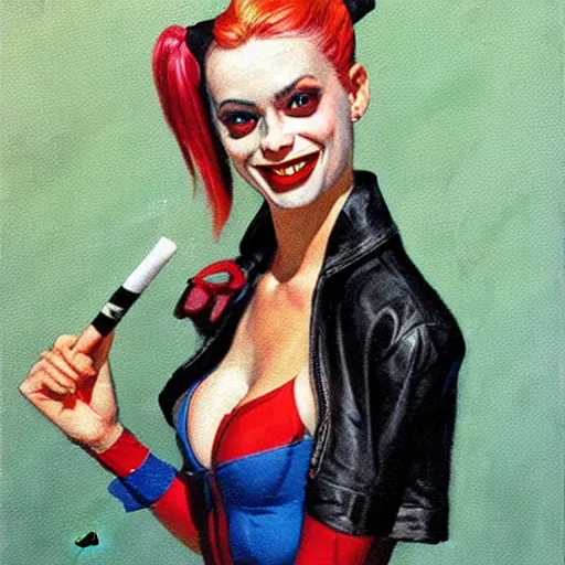 Prompt: Harley Quinn holding cigarette, artwork by Earl Norem,