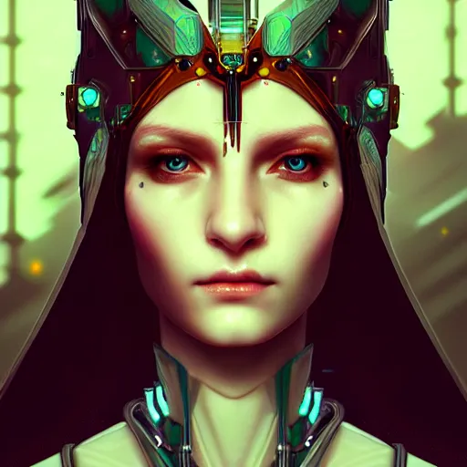 Image similar to cyberpunk robotic dark elvish queen, diadem on the head, extremely detailed, hyperrealistic, intricate, soft light, fantasy, digital painting, art station, perfect faces, fine details, by wlop