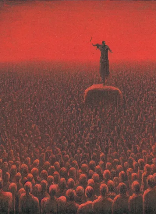 Prompt: a large amount of cultist followers gathered in front of a cult leader's stage, view from stage, in the style of beksinski