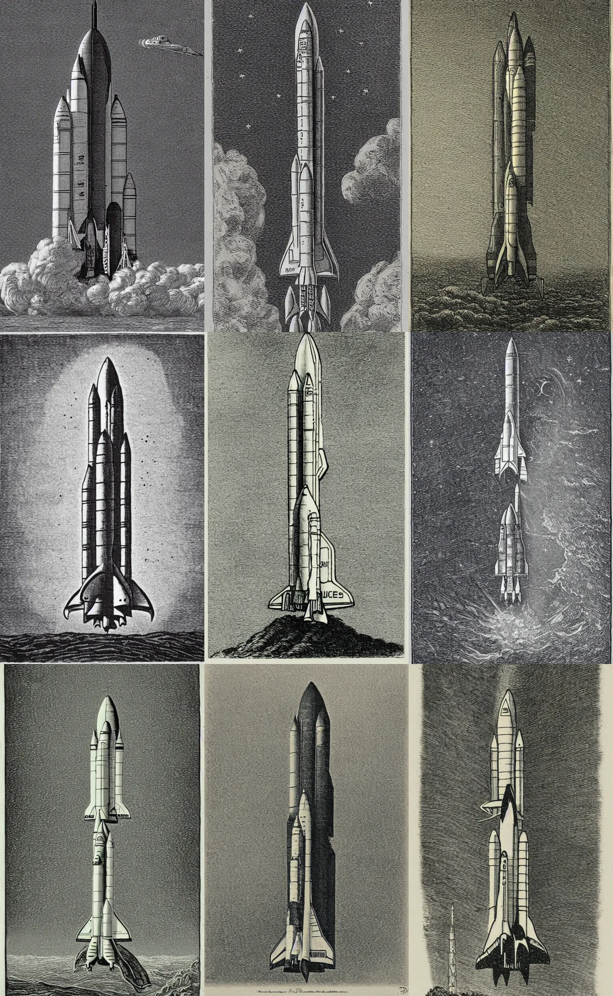 Prompt: etching of space shuttle launch in the style of Gustav Dore