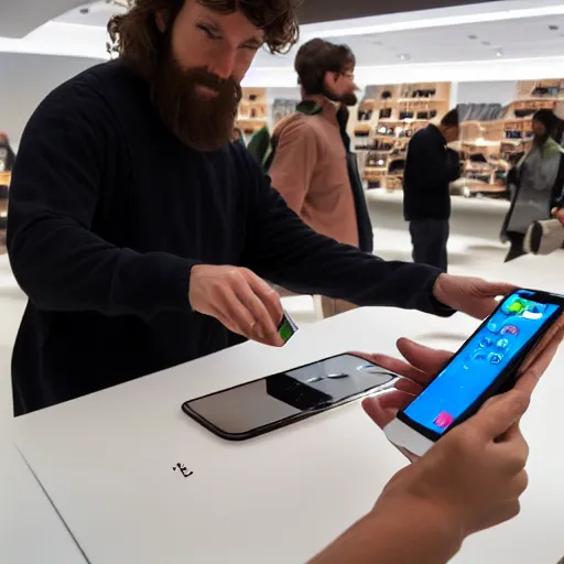 Image similar to jesus christ buying an iphone at the apple store