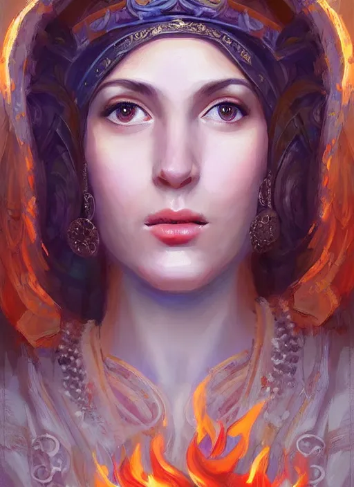 Image similar to Portrait of a beautiful priestess from the oracle of Delphi, looking into the flames, greek mythology, high face detail, in the style of Julia Ustinovich, digital art, Vladimir Volegov